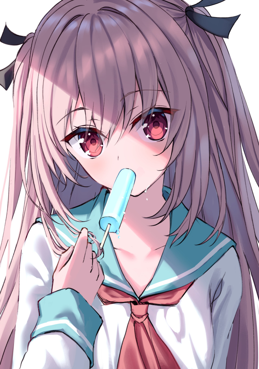 1girl atri atri-my_dear_moments- black_ribbon blue_sailor_collar blush commentary_request cuckoo_ki dress food food_in_mouth hair_ribbon hand_up highres hot light_brown_hair long_hair long_sleeves looking_at_viewer melting neckerchief playing_with_own_hair popsicle popsicle_in_mouth red_eyes red_neckerchief ribbon sailor_collar sailor_dress sidelighting simple_background solo straight_hair tsurime two_side_up upper_body very_long_hair white_background white_dress