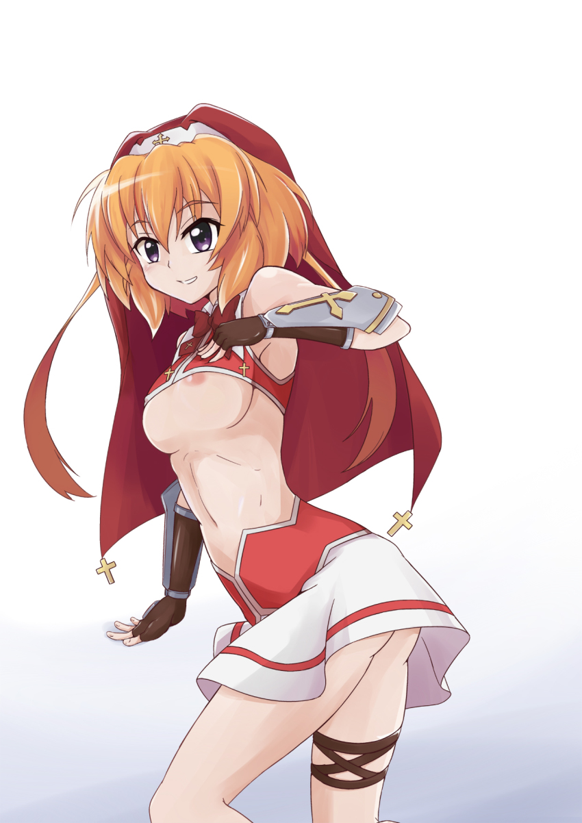 10s 1girl blush breasts chantez_apinion highres lyrical_nanoha mahou_shoujo_lyrical_nanoha_vivid nun orange_hair photo_(moeeki) purple_eyes small_breasts underboob