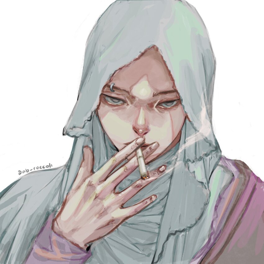 1girl ab_roccoli artist_name eyebrow_piercing face_piercing grey_eyes highres hijab looking_at_viewer original piercing simple_background smoking solo white_background white_hijab