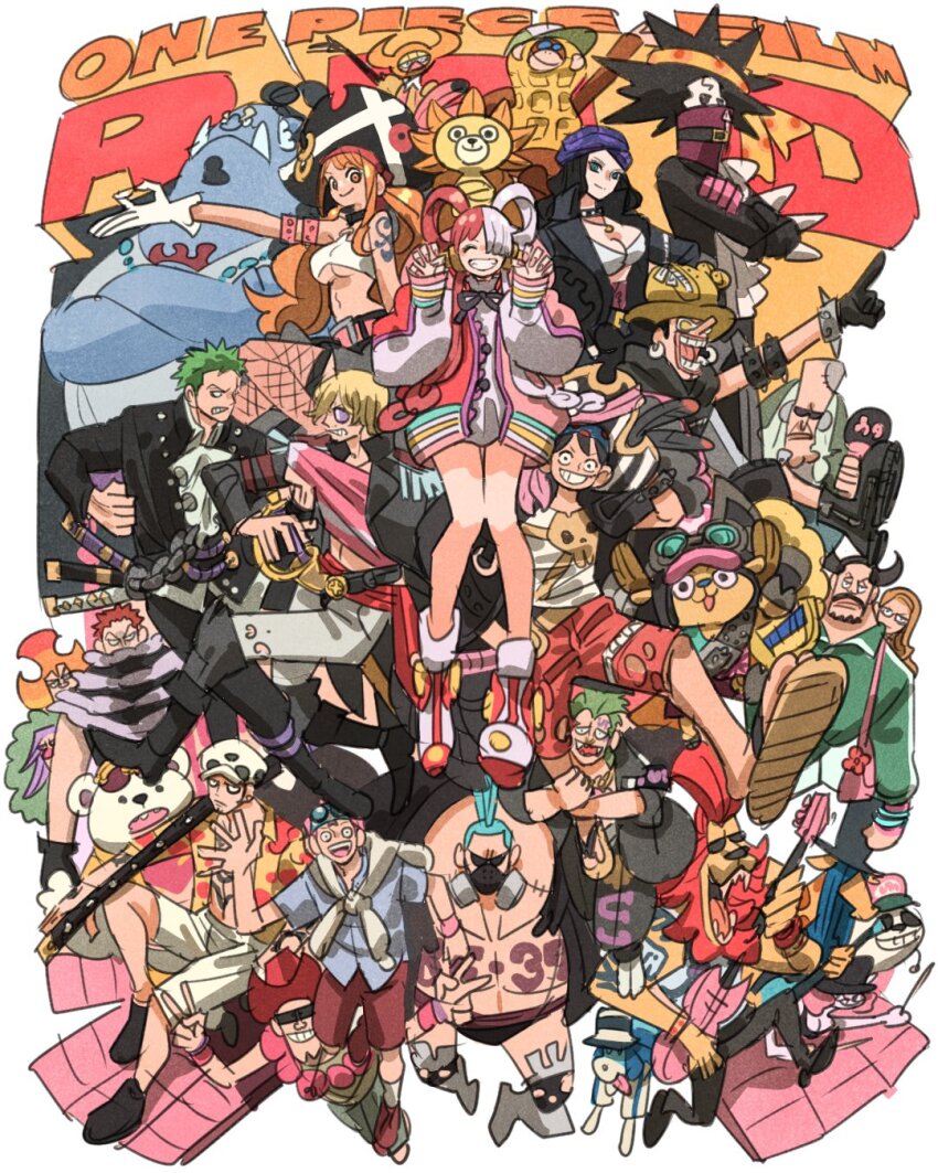 5girls 6+boys animal arm_tattoo ascot bartolomeo bear beard bepo_(one_piece) bikini black_gloves black_hair black_jacket blion blonde_hair blue_skin blueno bracelet brook_(one_piece) carpennya charlotte_brulee charlotte_katakuri charlotte_oven chest_tattoo choker colored_skin crossed_arms dacson devilgirl dog drumsticks facial_hair franky_(one_piece) full_body girash gloves gordon_(one_piece) green_hair guitar hat helmeppo highres holding holding_drumsticks holding_instrument horns instrument jacket jewelry jinbe_(one_piece) kalifa_(one_piece) koby_(one_piece) long_hair long_nose looking_at_viewer mask monkey_d._luffy mouth_mask multiple_boys multiple_girls nami_(one_piece) nico_robin one_piece one_piece_film:_red orange_hair panties peanutsmonkey pink_hair pirate_hat red_sash roronoa_zoro sandals sanji_(one_piece) sash scar short_hair short_sleeves shorts sleeveless slim_(one_piece) spiked_bracelet spikes sun_symbol sun_tattoo sunglasses swimsuit sword takeuchi_ryousuke tan tattoo thousand_sunny tony_tony_chopper trafalgar_law tusks underwear usopp uta_(one_piece) waving weapon white_ascot white_bikini white_gloves