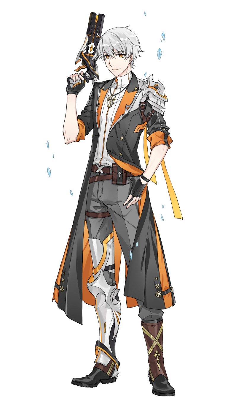 1boy :d absurdres alternate_eye_color belt belt_buckle black_boots black_coat black_gloves boots buckle coat fingerless_gloves full_body gloves grey_pants gun hair_between_eyes handgun highres holding holding_gun holding_weapon honkai_(series) honkai_impact_3rd jewelry kevin_kaslana male_focus necklace official_art open_clothes open_coat open_mouth pants pistol shirt simple_background single_shin_guard sleeves_rolled_up smile solo standing transparent_background weapon white_background white_hair white_shirt yellow_eyes