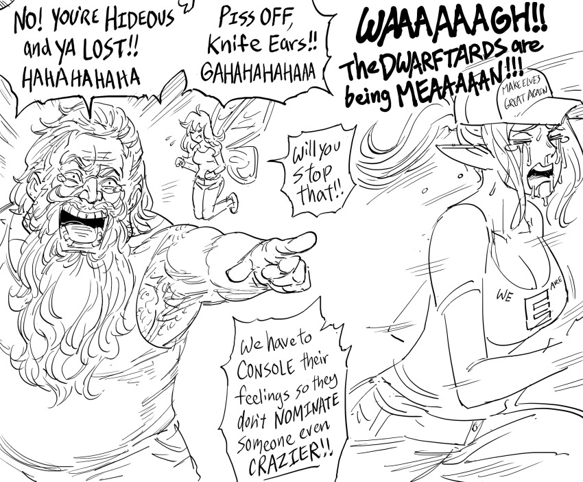 1boy 2020 2020_us_election 2girls armpit_hair bad_id bb_(baalbuddy) beard breasts chest_hair cleavage clothes_writing crying dwarf elf english_text facial_hair fairy fairy_wings fleeing greyscale hairy highres inactive_account laughing make_america_great_again mini_person minigirl monochrome multiple_girls original pointing pointy_ears politics ponytail qanon snot speech_bubble wings