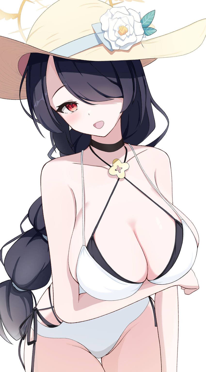 1girl absurdres arm_under_breasts bikini black_bikini black_choker black_hair blue_archive blush braid braided_ponytail breasts casual_one-piece_swimsuit choker cleavage clothing_cutout collarbone commentary_request cowboy_shot criss-cross_halter double_bikini flower hair_over_one_eye halo halterneck hat hat_flower highres hinata_(blue_archive) hinata_(swimsuit)_(blue_archive) large_breasts long_braid long_hair looking_ahead official_alternate_costume one-piece_swimsuit one_eye_covered open_mouth red_eyes side_cutout simple_background smile solo sun_hat swimsuit uaru white_background white_one-piece_swimsuit white_swimsuit yellow_halo yellow_hat