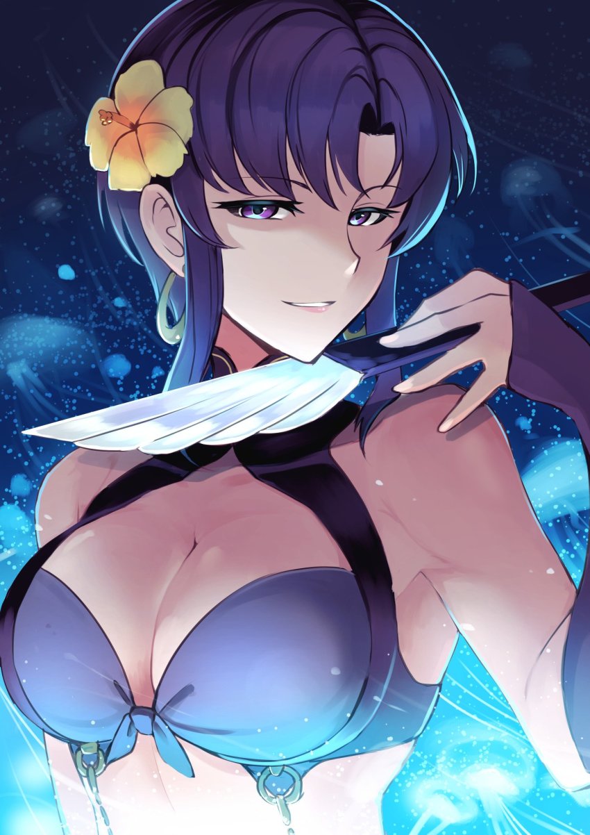 1girl bare_shoulders bikini blue_eyes blue_hair breasts cleavage earrings elbow_gloves female_focus fire_emblem fire_emblem:_the_blazing_blade fire_emblem_heroes gloves highres jewelry knife large_breasts looking_at_viewer nakabayashi_zun nintendo purple_hair short_hair simple_background smile solo swimsuit ursula_(fire_emblem) ursula_(summer)_(fire_emblem) weapon