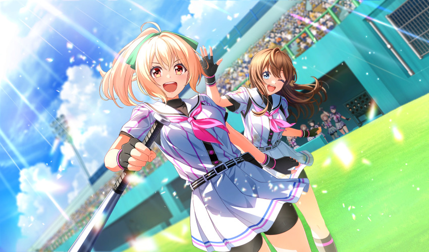 :d ;d aisaka_koko arihara_tsubasa baseball_bat baseball_stadium baseball_uniform belt belt_buckle belt_pouch bike_shorts_under_skirt black_belt black_gloves black_hair black_pouch black_shorts black_socks black_undershirt blonde_hair blue_eyes blurry bow brown_eyes brown_hair buckle cinderella_series cloud crowd day depth_of_field dutch_angle fingerless_gloves game_cg gloves green_bow hachigatsu_no_cinderella_nine hair_between_eyes hair_bow high_ponytail highres holding holding_baseball_bat izumida_kyouka light_brown_hair light_particles light_rays lihua_lin long_hair looking_at_another looking_at_viewer metal_baseball_bat multiple_girls naoe_tayu neckerchief non-web_source official_art on_grass one_eye_closed open_mouth outdoors pink_neckerchief playing_sports pleated_skirt ponytail pouch purple_hair satogahama_baseball_uniform shirt shirt_under_shirt short_sleeves shorts skirt sky smile socks sportswear standing striped_belt striped_clothes striped_shirt sunbeam sunlight takanashi_yuzu teeth upper_teeth_only vertical-striped_clothes vertical-striped_shirt wristband yellow_bow