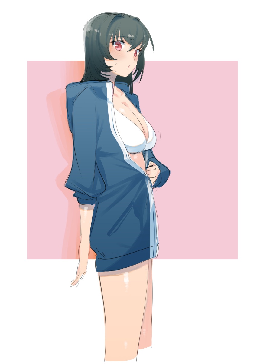 1girl absurdres bikini blue_jacket blush breasts cleavage collarbone cowboy_shot cropped_legs green_hair hair_between_eyes highres jacket juujou_kagari large_breasts looking_at_viewer medium_hair parted_lips partially_unzipped red_eyes sketch solo standing swimsuit toji_no_miko undressing white_bikini yamamoto_kichiko