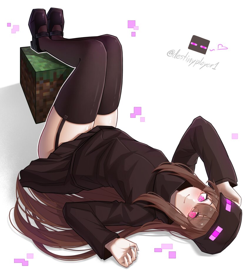 1girl absurdres ander_(at2.) artist_name black_footwear black_skirt black_thighhighs block_(minecraft) blush brown_hair destinyplayer1 enderman garter_straps hair_between_eyes hat highres jacket long_hair long_sleeves looking_at_viewer lying minecraft mob_talker on_back personification pleated_skirt purple_eyes simple_background skirt smile solo thighhighs thighs very_long_hair white_background