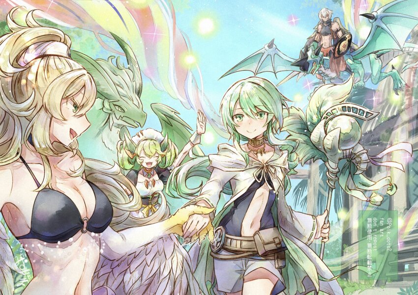 1girl 1other 3girls arm_up bikini black_bikini blonde_hair breasts caam_serenity_of_gusto claws cleavage collarbone dragon dragon_girl dragon_horns dragon_tail dragon_wings dragonmaid_lorpar dragunity_giusarme dual_persona duel_monster frilled_hairband frills green_eyes green_hair hairband harpie_dancer highres holding holding_hands holding_scepter holding_shield horns jewelry large_breasts leaf long_hair long_sleeves looking_at_another maid maid_headdress medium_breasts midriff mist_valley_falcon mizutama_(mizutamalion) multiple_girls muscular muscular_male navel necklace o-ring o-ring_top open_mouth parlor_dragonmaid scepter shield short_hair short_sleeves smile stomach swimsuit tail twintails western_dragon wings wrist_cuffs yu-gi-oh!