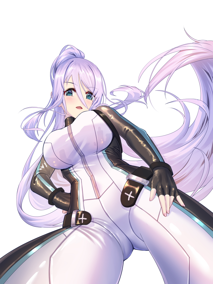 1girl absurdres alternate_costume black_bodysuit blue_eyes bodysuit breasts commentary from_below full-length_zipper hand_on_own_hip high_ponytail highres large_breasts long_hair looking_down mariniy multicolored_bodysuit open_mouth ponytail princess_connect! purple_hair shizuru_(princess_connect!) simple_background solo white_background white_bodysuit zipper