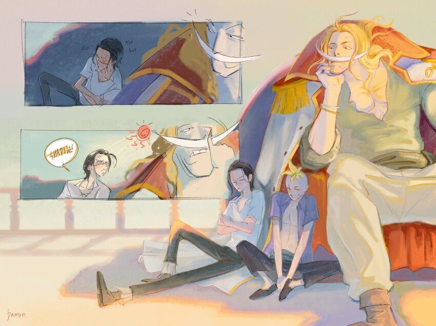 3boys blonde_hair closed_eyes coat coat_on_shoulders crocodile_(one_piece) crossed_arms damon_(damonn_h) edward_newgate facial_hair green_pants hair_slicked_back highres looking_at_another male_focus marco_(one_piece) multiple_boys mustache one_piece pants purple_shirt sash shirt sitting smile stitched_face stitches sun_symbol