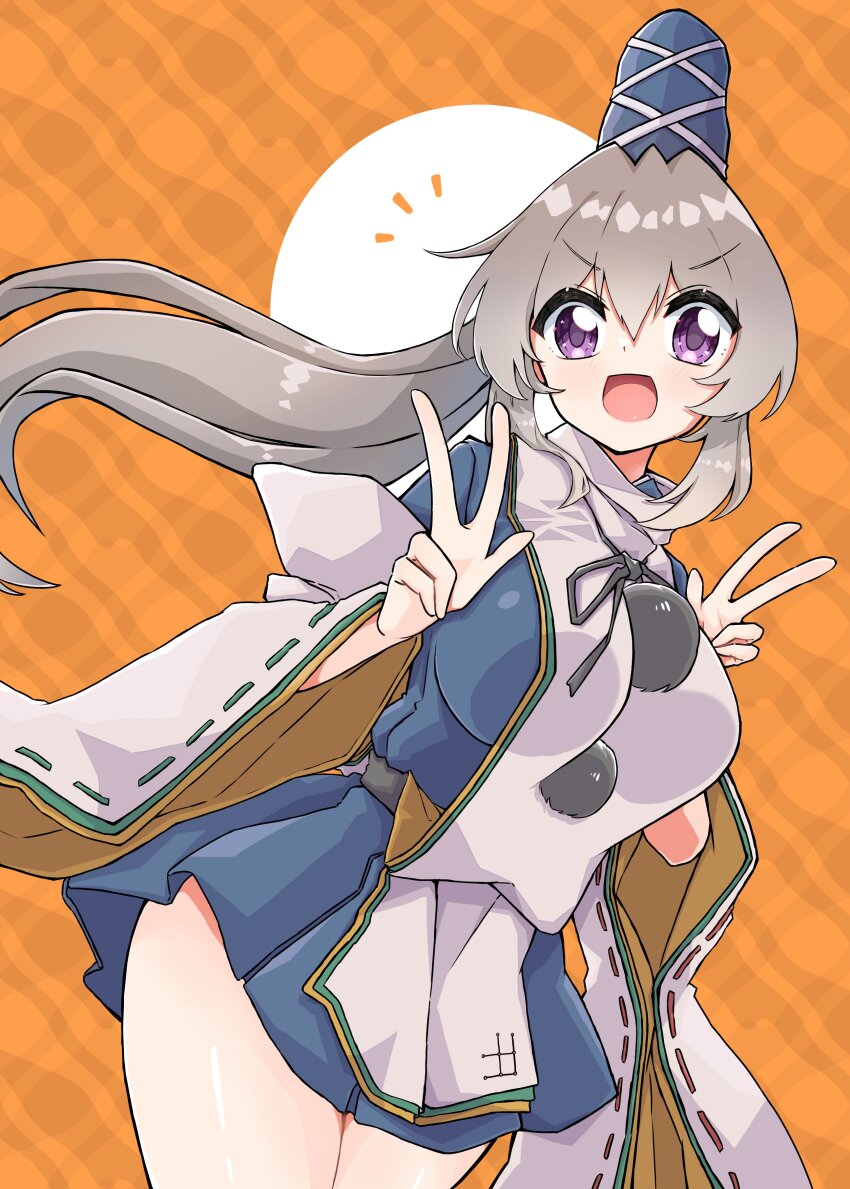 1girl absurdres blue_dress blue_hat breasts commentary_request cowboy_shot detached_sleeves double_v dress grey_hair gurajio hat highres large_breasts long_hair looking_at_viewer mononobe_no_futo open_mouth orange_background pom_pom_(clothes) purple_eyes ribbon-trimmed_sleeves ribbon_trim short_dress solo tate_eboshi thighs touhou v v-shaped_eyebrows