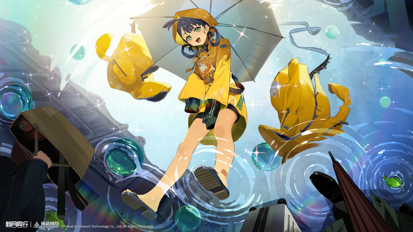 1girl :d ahoge bandaid bandaid_on_foot bare_legs black_jacket black_shorts blue_hair blue_sky building coat copyright_name copyright_notice day different_reflection drink drink_pouch drinking_straw flip-flops from_above ganlin_(xinyue_tongxing) green_eyes hair_rings highres holding holding_umbrella hood hood_up jacket leaf leaning_forward logo long_sleeves looking_at_viewer medium_hair nori_tamahana official_art open_mouth people raincoat reflection reflection_focus reflective_water ripples sandals shorts sky sleeves_past_fingers sleeves_past_wrists smile solo_focus sparkle umbrella unworn_coat white_umbrella xinyue_tongxing yellow_raincoat