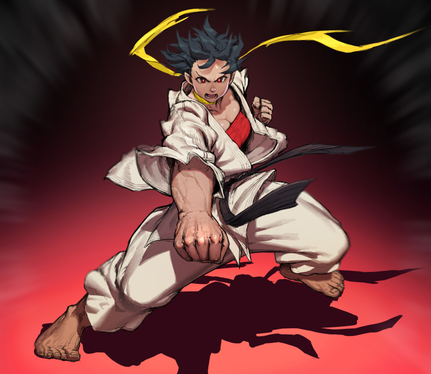 1girl barefoot belt black_belt black_hair bra breasts capcom choker cleavage clenched_hands dougi emphasis_lines full_body glowing glowing_eyes highres horse_stance karate karate_gi loped makoto_(street_fighter) martial_arts_belt medium_breasts muscular muscular_female open_mouth punching red_background red_eyes red_sports_bra ribbon ribbon_choker shadow short_hair solo sports_bra strapless strapless_bra street_fighter street_fighter_iii_(series) tan toes tomboy underwear yellow_ribbon