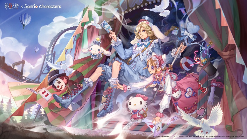 1boy 1girl absurdres aircraft animal_ear_headwear animal_ears ball between_fingers bird black_hat blonde_hair blue_boots blue_bow blue_bowtie blue_eyes blue_pants blue_shirt blue_sky boots bow bowtie braid braided_ponytail brooch button_eyes buttons candy candy_cane card cinnamoroll circus_tent closed_mouth cloud cloudy_sky commentary_request confetti copyright_notice dog_ears dove dress emma_woods emma_woods_(hello_kitty_dream) facial_mark fake_animal_ears floating food frilled_hairband frilled_shirt_collar frilled_sleeves frilled_socks frills full_body fuwa_fuwa_cinnamoroll grass hair_bow hair_ornament hairband hairclip hat heart hello_kitty hello_kitty_(character) high_collar highres holding holding_card holding_staff hot_air_balloon identity_v jack-in-the-box jewelry joker_(identity_v) joseph_desaulniers joseph_desaulniers_(dreamy_cinnamoroll) kneehighs lace-up_boots logo long_hair long_sleeves mary_janes official_art open_mouth outdoors pants pennant pink_bow pink_hairband pink_shoes pink_skirt promotional_art prussia_echo roller_coaster sanrio sash shirt shoes short_hair shoulder_sash single_braid skirt sky smile socks solid_eyes spring_(object) staff sticker stitches striped_bow top_hat traditional_bowtie tree unworn_hat unworn_headwear white_bird white_bow white_bowtie white_dress white_hat white_socks winding_key wrapped_candy yellow_sash
