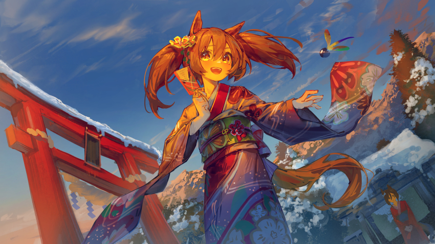 2girls absurdres alternate_costume animal_ears black_hair brown_hair closed_mouth commentary_request eishin_flash_(umamusume) hair_between_eyes hair_ornament highres horse_ears horse_girl horse_tail japanese_clothes kimono medium_hair mountain multiple_girls shrine sky smart_falcon_(umamusume) tail torii tree umamusume yu_hydra