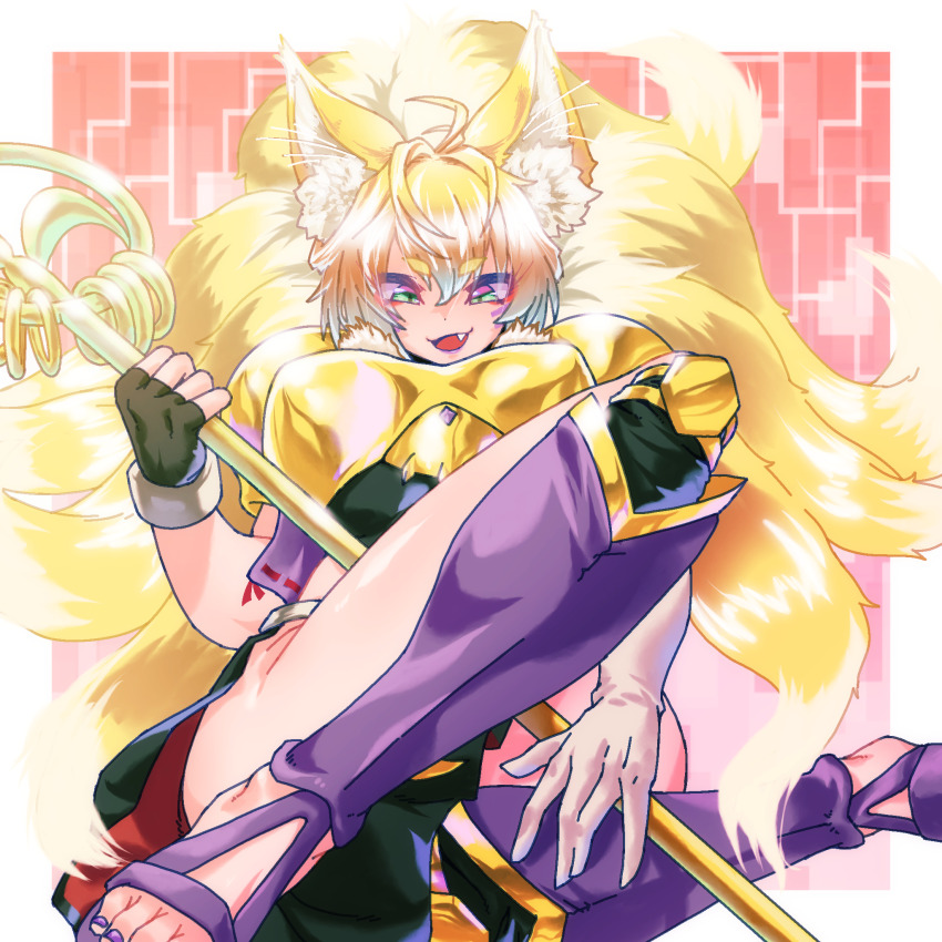1girl animal_ear_fluff animal_ears armor black_gloves blonde_hair colored_tips commission digimon fang fingerless_gloves fox_ears fox_girl fusion gerusyu gloves gold_armor highres holding holding_staff long_hair multicolored_hair namco_x_capcom pixiv_commission revealing_clothes sakuyamon solo staff white_hair xiaomu
