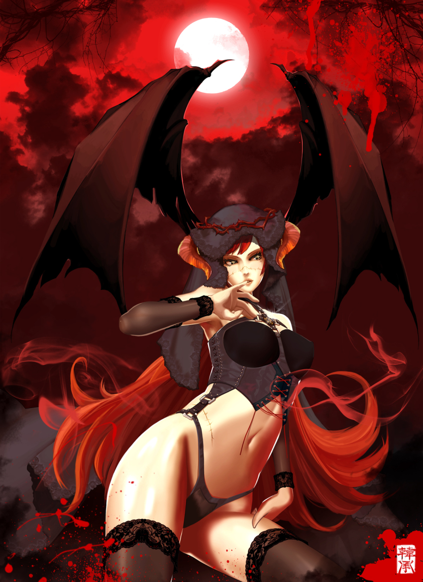1girl black_eyes blood corset crown_of_thorns cuts demon_girl detached_sleeves female_focus finger_to_mouth full_moon head_wings highres horns injury lace lingerie long_hair midriff mole mole_under_eye moon navel original panties red_hair red_sky scar sky solo stitched stitches thighhighs third-party_edit ukero underwear very_long_hair wings