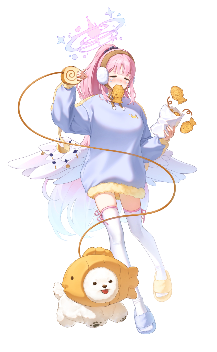 1girl absurdres angel_wings aqua_hair asymmetrical_footwear black_scrunchie blue_archive blue_footwear blue_jacket blush breasts closed_eyes commentary crescent dog feathered_wings food food_in_mouth full_body gradient_hair hair_ornament hair_scrunchie halo highres holding holding_leash jacket large_breasts leash long_hair long_sleeves low_wings mika_(blue_archive) mismatched_footwear mouth_hold multicolored_hair multicolored_jacket pink_hair pink_halo puppy scrunchie simple_background slippers soo_ou taiyaki tears thighhighs thighs two-tone_hair two-tone_jacket wagashi white_background white_dog white_thighhighs white_wings wings yellow_jacket yellow_slippers