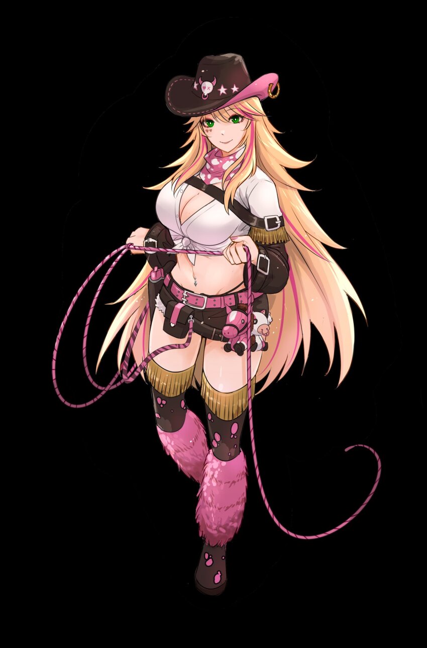 1girl animal_print bandana belt black_background black_panties blonde_hair boots breasts brown_boots brown_shorts closed_mouth commentary cowboy_hat english_commentary ezraqi facial_mark front-tie_top green_eyes hat heart heart_facial_mark highleg highleg_panties highres holding_lasso horseshoe_ornament large_breasts lasso long_hair lulu_lasso multicolored_hair navel_piercing nexas_(vtuber) panties piercing pink_bandana pink_belt pink_hair print_bandana second-party_source shirt short_shorts shorts simple_background smile solo standing streaked_hair thigh_boots underwear very_long_hair virtual_youtuber white_shirt