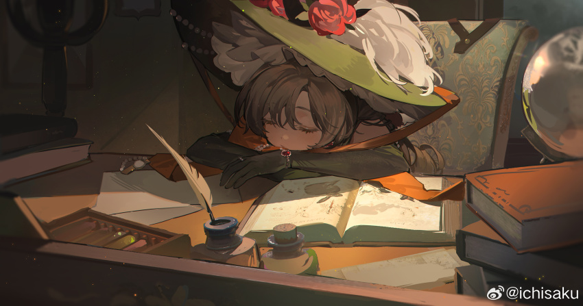 1girl absurdres arms_on_table bare_shoulders blonde_hair book book_stack bow chair chin_strap closed_eyes elbow_gloves flower gloves green_gloves green_hat hat hat_feather hat_flower head_on_arm head_rest highres ichisaku indoors inkwell long_hair open_book orange_bow quill reverse:1999 sitting sleeping solo sotheby sun_hat upper_body watermark weibo_watermark