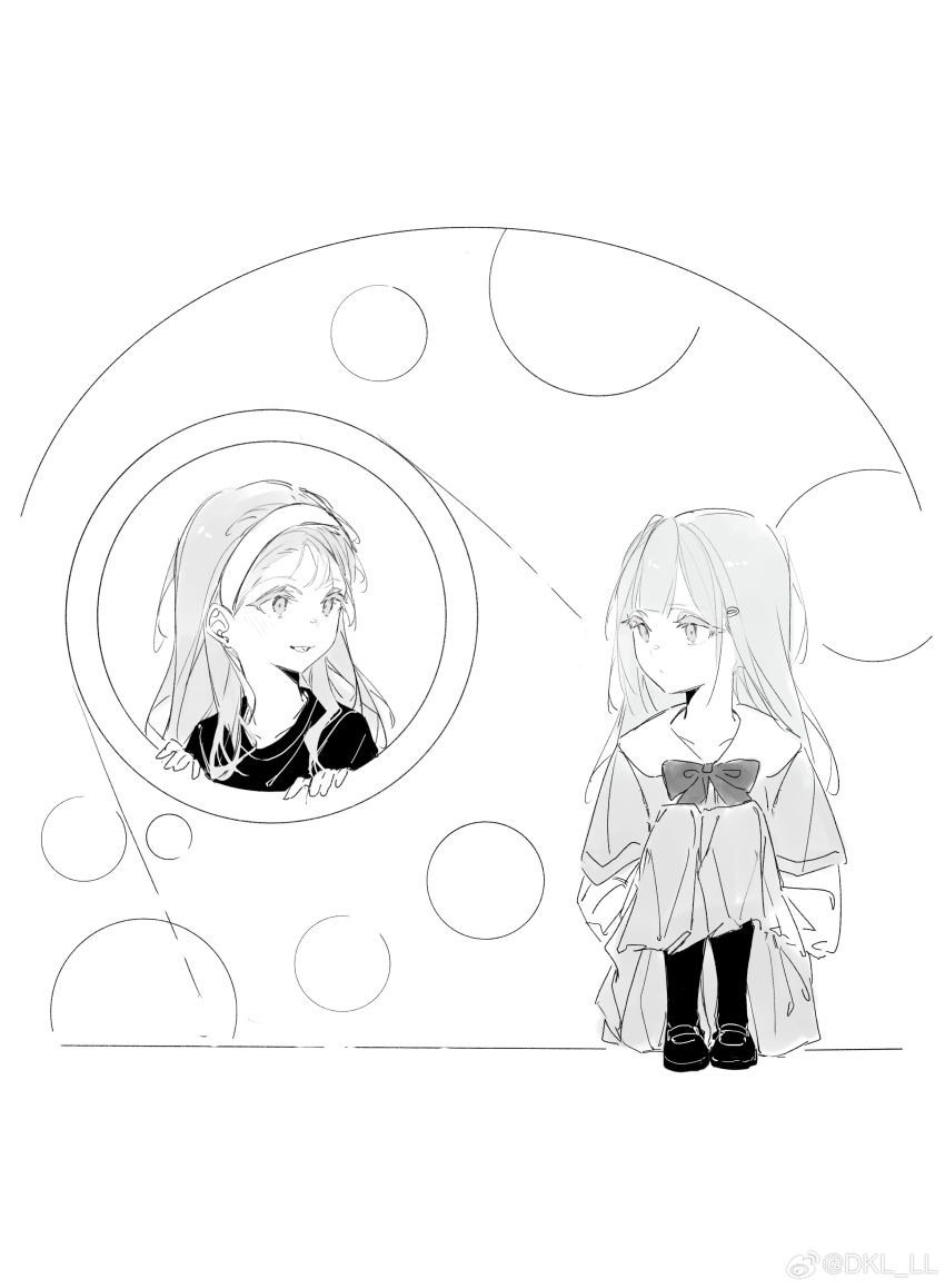 2girls absurdres aged_down bang_dream! bang_dream!_it&#039;s_mygo!!!!! bow bowtie chinese_commentary commentary_request dkl_(dinosaurkl2) dress greyscale hair_ornament hairband hairclip highres loafers long_hair monochrome multiple_girls nagasaki_soyo shirt shoes sitting wakaba_mutsumi