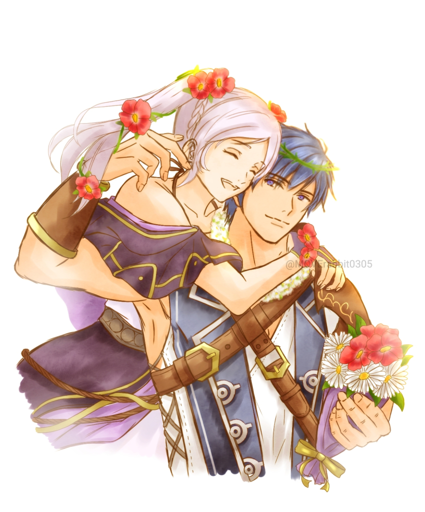 1boy 1girl arm_guards arm_up armpits bare_shoulders blue_eyes blue_hair bouquet breasts capelet collarbone couple crossed_belts curled_fingers dress eyelashes female_robin_(fire_emblem) female_robin_(valentine)_(fire_emblem) fingerless_gloves fingernails fire_emblem fire_emblem_awakening fire_emblem_heroes flower gloves hair_flower hair_ornament happy highres holding holding_bouquet hug hug_from_behind intelligent_systems long_dress long_hair matching_hair/eyes medium_breasts moverabbit0305 muscular_arms off-shoulder official_alternate_costume rope_belt shirt short_hair sidelocks sleeveless sleeveless_dress sleeveless_shirt spaghetti_strap swept_bangs toned toned_male twintails white_background white_hair yellow_eyes