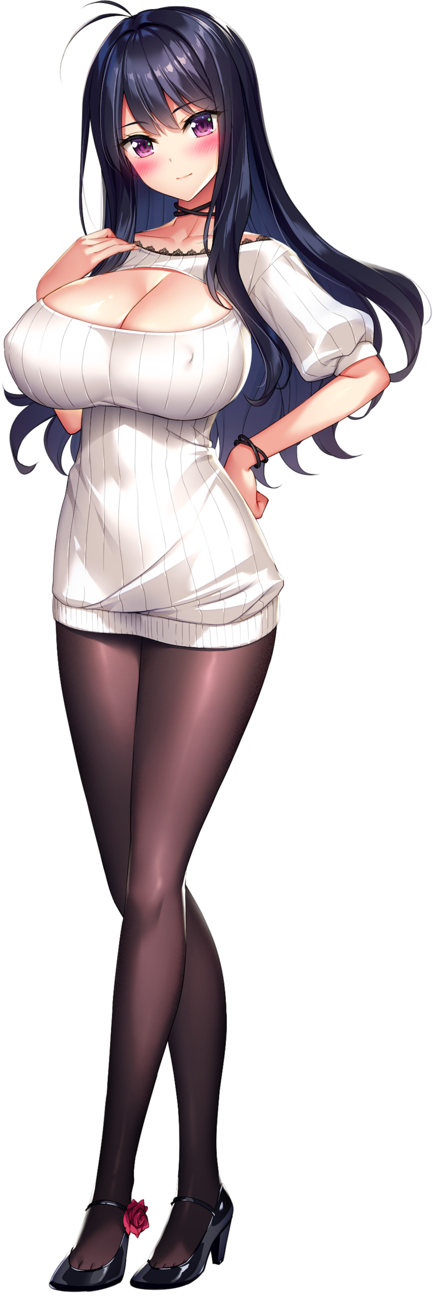 1girl absurdres ahoge black_hair black_shoes blush breasts cleavage cleavage_cutout closed_mouth clothing_cutout covered_navel derauea flower footwear_flower full_body game_cg highres jougasaki_rio large_breasts long_hair looking_at_viewer meme_attire milk_factory motto!_haramase!_honoo_no_oppai_chou_ero_appli_gakuen! naked_sweater non-web_source official_art open-chest_sweater pantyhose purple_eyes ribbed_sweater shoes smile solo sprite_art standing sweater tachi-e transparent_background wing_hairpin