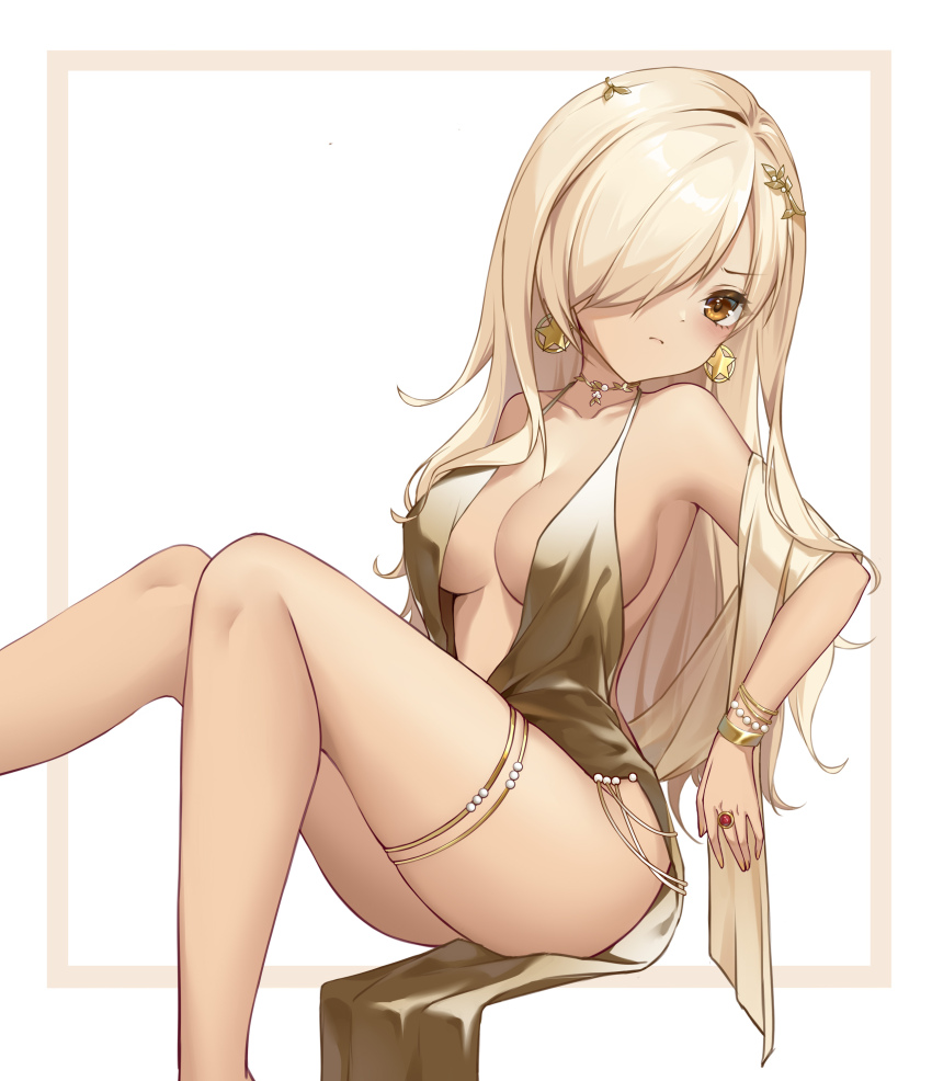 1girl absurdres azur_lane bingjilin blonde_hair bracelet breasts brown_eyes cleavage collarbone dress earrings gold_dress hair_ornament hair_over_one_eye highres jewelry large_breasts long_hair nevada_(a_magnificent_banquet)_(azur_lane) nevada_(azur_lane) pearl_bracelet ring solo star_(symbol) star_earrings