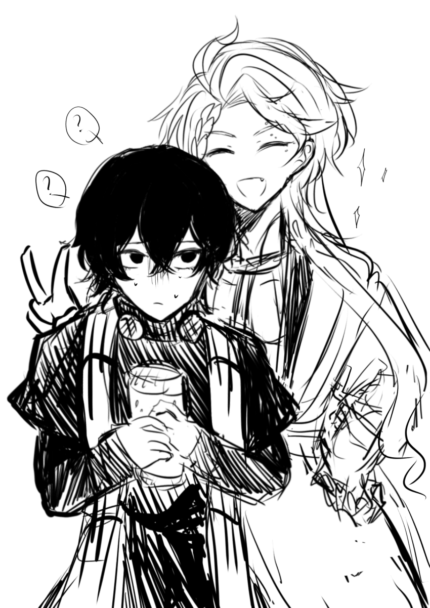 2boys ? ancient_greek_clothes apollo_(shuumatsu_no_valkyrie) beelzebub_(shuumatsu_no_valkyrie) closed_eyes closed_mouth cowboy_shot facing_viewer greco-roman_clothes hair_between_eyes hand_on_own_hip happy highres laurel_crown long_hair long_sleeves looking_at_another looking_to_the_side male_focus multiple_boys obi open_mouth peace robe rough_sketch sash scarf shuumatsu_no_valkyrie sketch smile sparkle spoken_question_mark standing sweatdrop toga v