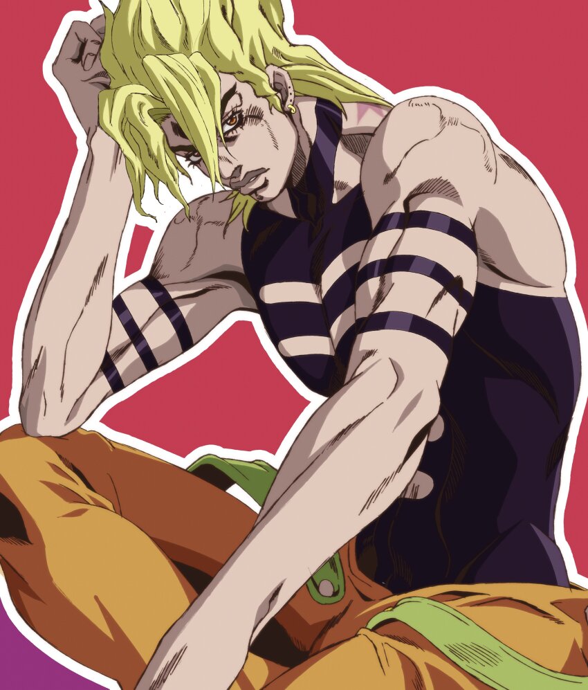 1boy absurdres araki_hirohiko_(style) birthmark black_shirt blonde_hair clothing_cutout dio_brando earrings grandguerrilla green_suspenders head_rest highres jewelry joestar_birthmark jojo_no_kimyou_na_bouken male_focus muscular official_style orange_eyes outline pants parted_bangs red_background shirt sitting solo stone_ocean white_outline yellow_pants