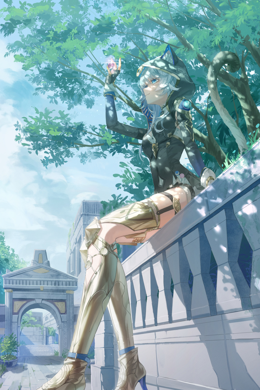 1girl absurdres animal_ears arm_up armored_boots blue_eyes boots breasts bu_bai_(wres2744) cat_ears cat_girl cat_tail cipher_(honkai:_star_rail) cloud cloudy_sky dappled_sunlight fang fingerless_gloves foot_dangle from_side gem gleam glint gloves grey_hair high_heel_boots high_heels highres holding holding_gem honkai:_star_rail honkai_(series) hood hood_up outdoors sitting skin_fang sky small_breasts sunlight tail tree yellow_nails