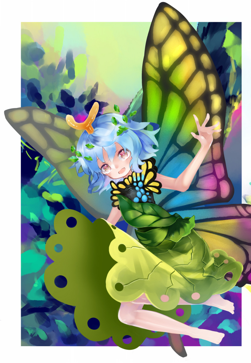 1girl antennae aqua_hair barefoot blush border brown_eyes butterfly_wings dress eternity_larva fairy full_body green_dress hair_between_eyes highres insect_wings leaf leaf_on_head multicolored_dress open_mouth short_hair short_sleeves single_strap smile solo syukou touhou white_border wings