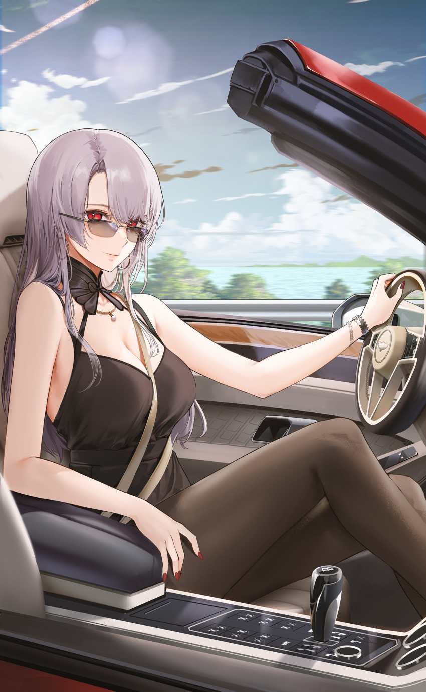 1girl absurdres asymmetrical_bangs bare_arms bare_shoulders between_breasts black_dress black_pantyhose blue_sky blurry blurry_background bracelet breasts car car_interior car_seat cleavage closed_mouth cloud convertible crazy_ones day dress driving feet_out_of_frame grey_hair highres jewelry knees_up large_breasts left-hand_drive lens_flare long_hair looking_at_viewer motion_blur motor_vehicle mountainous_horizon necklace official_art outdoors pantyhose red_eyes red_nails seatbelt sitting sky sleeveless sleeveless_dress smile solo steering_wheel sunglasses tree v-neck water xia_bing_(crazy_ones)
