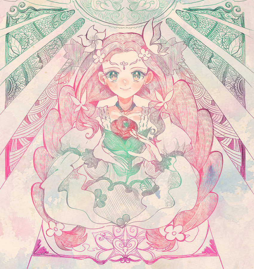 1girl black_choker blush braid brown_eyes choker circlet closed_mouth collarbone cure_felice dress flower hair_flower hair_intakes hair_ornament hanami_kotoha highres itomugi-kun long_hair looking_at_viewer mahou_girls_precure! pink_hair precure smile solo twin_braids twintails very_long_hair white_dress white_flower