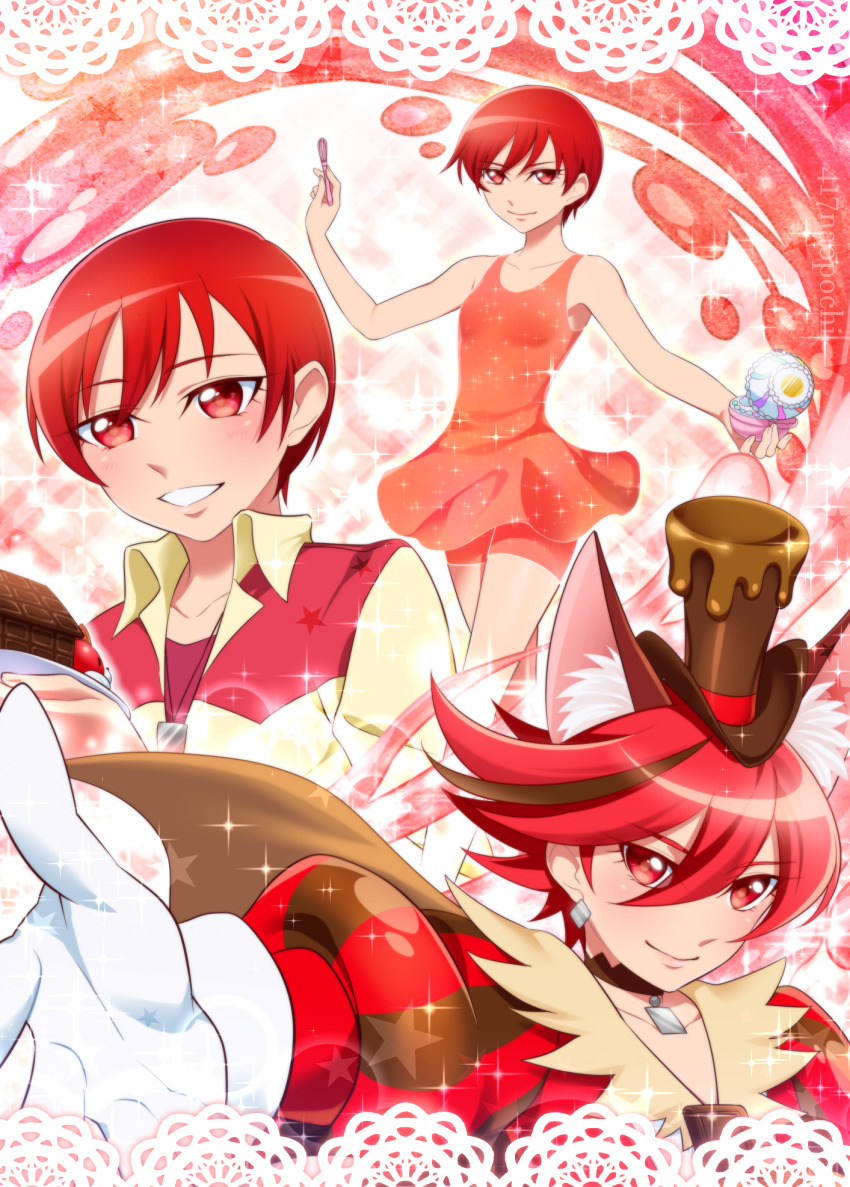 0417nao 3girls animal_ear_fluff animal_ears black_choker breasts brown_cape brown_headwear cape choker collarbone collared_shirt cure_chocolat dog_ears dress earrings gloves green_eyes grin hair_between_eyes hat henshin highres holding holding_plate jewelry kenjou_akira kirakira_precure_a_la_mode multiple_girls orange_dress pendant plate precure red_hair shirt short_dress short_hair sleeveless sleeveless_dress small_breasts smile spiked_hair standing striped_sleeves swept_bangs vertical_stripes white_gloves wing_collar