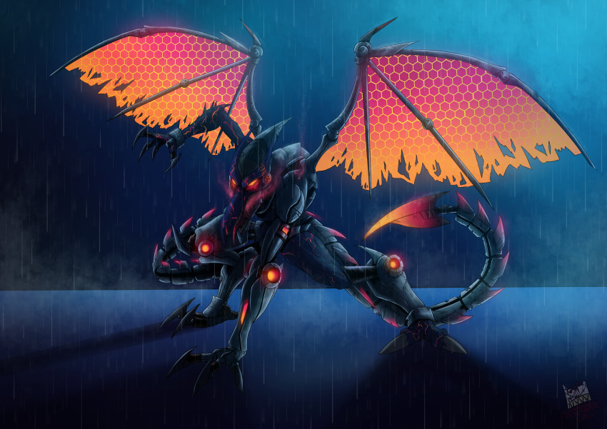 absurdres alien claws commentary creature dragon_wings eldevoradordeflanes english_commentary glowing glowing_eyes highres mario_(series) md5_mismatch meta_ridley metroid metroid_prime metroid_prime_1 monster nintendo no_humans open_mouth outdoors rain ridley self-upload shadow sharp_teeth signature solo super_mario_3d_world super_mario_world tail talons teeth tongue tongue_out torn_wings wings yellow_eyes