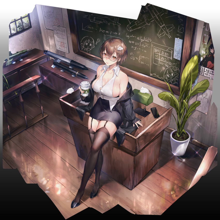 1girl absurdres bare_shoulders black_footwear black_jacket black_skirt black_thighhighs blush breasts brown_eyes brown_hair cellphone chalkboard cleavage collared_shirt crossed_legs cup desk disposable_cup flower full_body garter_straps glasses hair_ornament high_heels highres holding holding_cup indoors jacket large_breasts long_sleeves looking_at_viewer off_shoulder office_lady official_alternate_costume official_art open_clothes open_jacket pencil_skirt phone plant shirt short_hair sideboob sitting skirt sleeveless sleeveless_shirt smartphone solo thighhighs warship_girls_r weapon white_shirt wooden_floor xiangchizhubijin zuikaku_(warship_girls_r)
