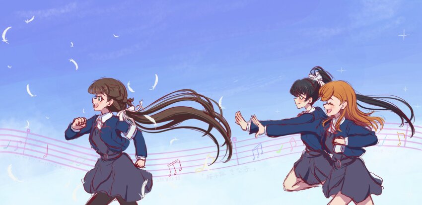 3girls :d alt_text armband beamed_eighth_notes black_hair black_pantyhose blue_armband blue_jacket blue_sky blunt_bangs braid brown_hair closed_eyes closed_mouth collared_shirt commentary_request cowboy_shot dress dress_shirt eighth_note falling_feathers feathers floating_hair green_eyes grey_dress hair_ribbon half_up_braid half_updo hazuki_ren high_ponytail highres holding holding_armband holding_unworn_clothes jacket long_hair long_sleeves love_live! love_live!_superstar!! low_twintails multiple_girls musical_note musical_staff neck_ribbon open_clothes open_jacket open_mouth orange_hair pantyhose ponytail profile quarter_note red_ribbon ribbon running sakurakoji_kinako school_uniform seiha_(hnumkt) shibuya_kanon shirt short_dress sky smile teeth twintails unworn_armband upper_teeth_only very_long_hair white_feathers white_ribbon white_shirt winter_uniform yellow_eyes yuigaoka_school_uniform