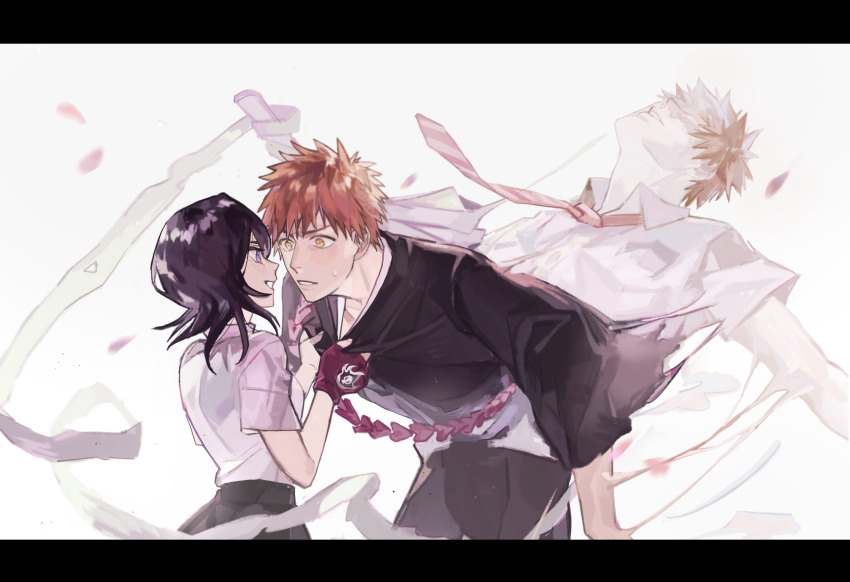 1boy 1girl black_hair black_kimono black_skirt bleach blush collared_shirt fingerless_gloves gloves highres japanese_clothes karakura_high_school_uniform kimono kuchiki_rukia kurosaki_ichigo looking_at_another necktie orange_eyes orange_hair purple_eyes red_necktie school_uniform shihakusho shirt short_hair single_fingerless_glove skirt smile spiked_hair white_shirt xiachbukeyiyubing