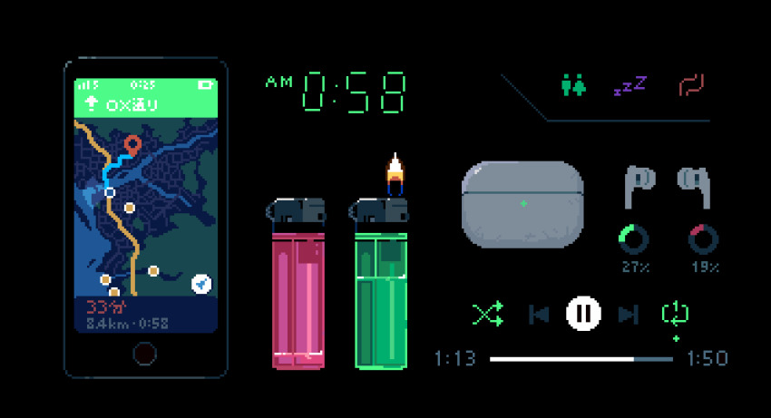 animated animated_gif battery_indicator black_background cellphone commentary english_commentary equipment_layout fire gps knolling lighter looping_animation map media_player_interface no_humans object_focus original phone pixel_art seven-segment_display simple_background single_flame smartphone timestamp toyoi_yuuta wireless_earphones