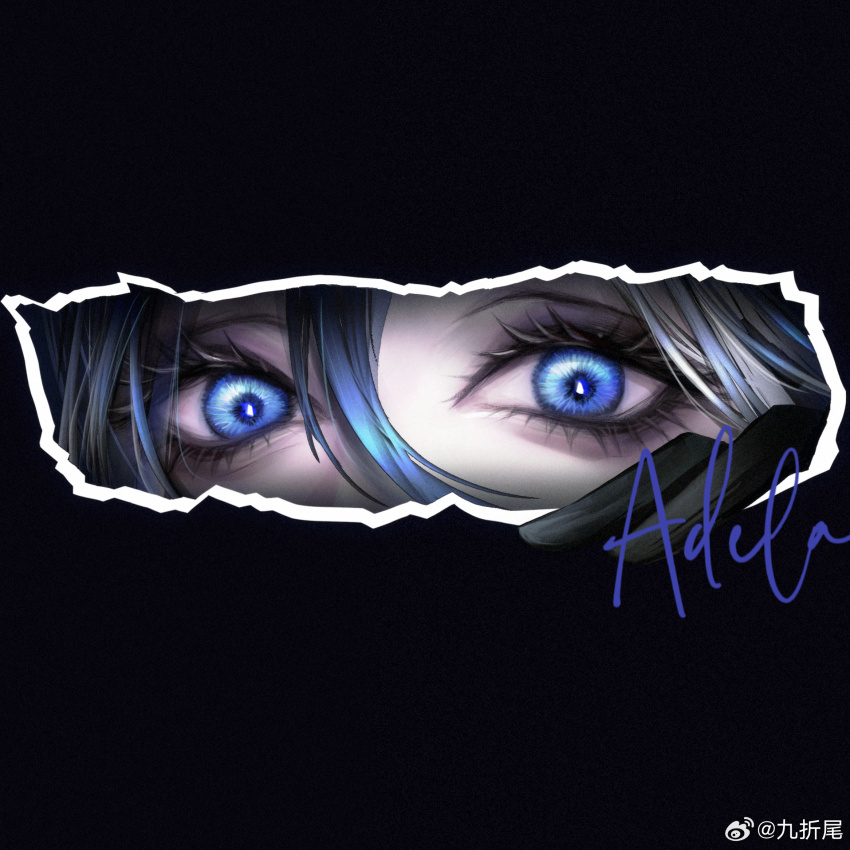1girl adela_(path_to_nowhere) bags_under_eyes black_gloves blue_eyes blue_hair character_name chinese_commentary commentary eye_focus gloves hair_between_eyes highres looking_at_viewer multicolored_hair path_to_nowhere solo streaked_hair watermark weibo_watermark yu_zhezhe