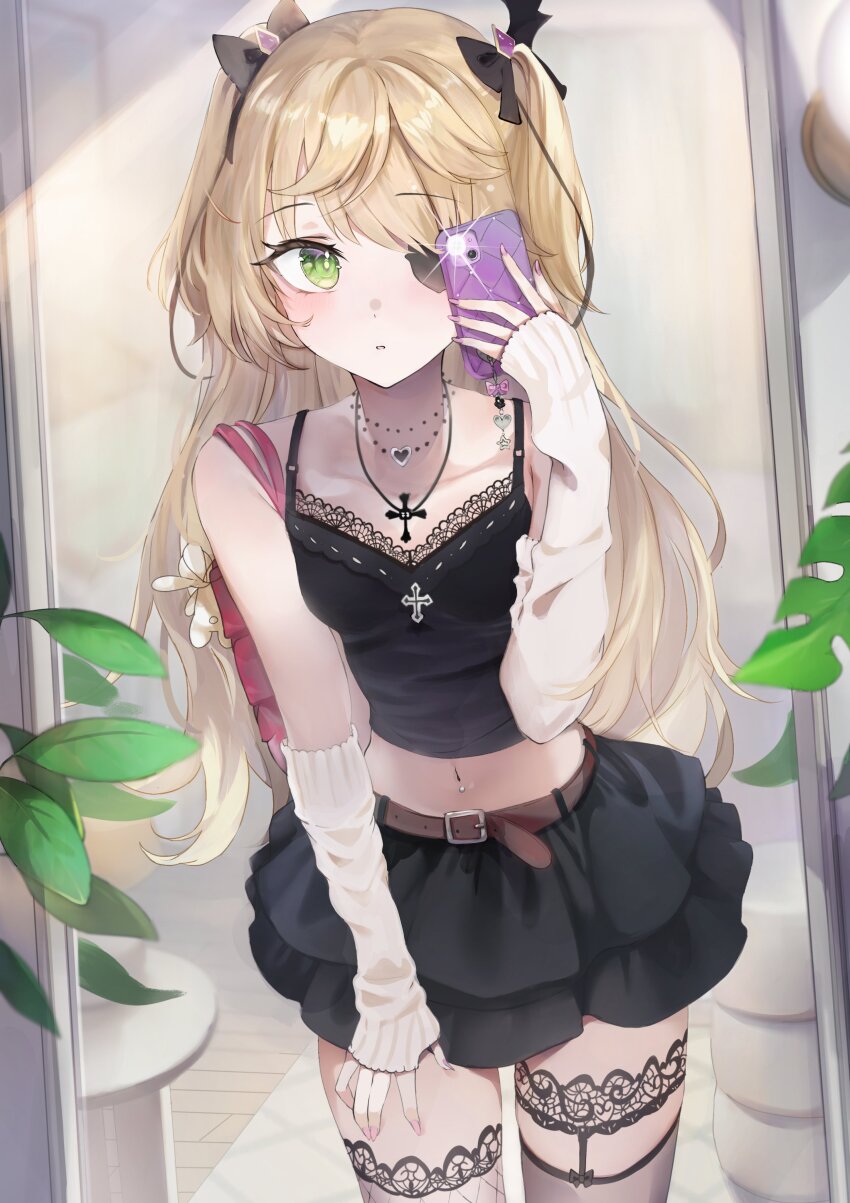 1girl absurdres alternate_costume asymmetrical_legwear bag belt black_bow black_skirt black_thighhighs blonde_hair bow brown_belt cellphone eyepatch fingernails fischl_(genshin_impact) fishnet_thighhighs fishnets garter_straps genshin_impact green_eyes hair_bow hand_on_own_thigh hand_up highres holding holding_phone leaning_forward long_hair looking_at_viewer midriff mirror mirror_selfie mismatched_legwear mochi_nabe navel parted_lips phone pink_nails reflection selfie single_garter_strap skirt smartphone solo taking_picture thighhighs two_side_up very_long_hair white_arm_warmers