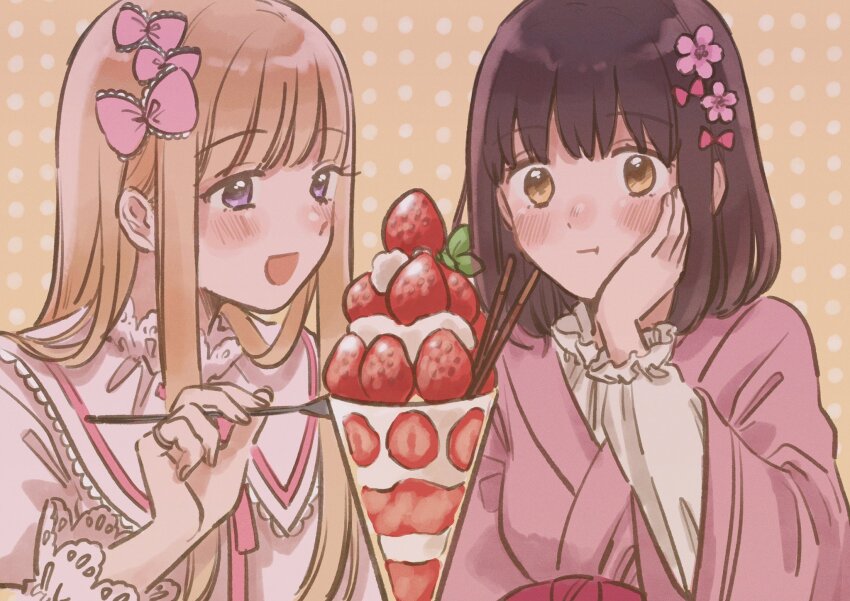 2girls axis_powers_hetalia black_hair blonde_hair blush bow closed_mouth collared_dress dress fingernails flower food fruit genderswap genderswap_(mtf) glass hair_bow hair_flower hair_ornament hand_on_own_face hand_up highres holding holding_spoon ice_cream japan_(female)_(hetalia) japan_(hetalia) japanese_clothes kimono long_hair long_sleeves looking_at_food multiple_girls neck_ribbon non0v0_aph open_mouth orange_background pink_bow pink_dress pink_flower pink_kimono pink_ribbon polka_dot polka_dot_background puffy_long_sleeves puffy_sleeves purple_eyes ribbon russia_(female)_(hetalia) russia_(hetalia) short_hair sidelocks smile spoon strawberry sundae upper_body wide_sleeves yellow_eyes