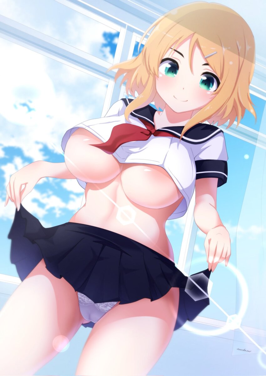 1girl areola_slip betterthanbone2 black_skirt blue_sky blush breasts cameltoe closed_mouth clothes_lift cloud cloudy_sky corrupted_twitter_file crop_top day gluteal_fold green_eyes groin hair_between_eyes hair_ornament hairclip hanabi_(senran_kagura) highres indoors lace lace_panties large_breasts lens_flare lifting_own_clothes light_particles linea_alba looking_at_viewer miniskirt navel neckerchief orange_hair panties pleated_skirt sailor_collar school_uniform senran_kagura senran_kagura_estival_versus serafuku shiny_skin short_hair sidelocks skirt skirt_lift sky smile solo sunlight underboob underwear white_panties white_serafuku window