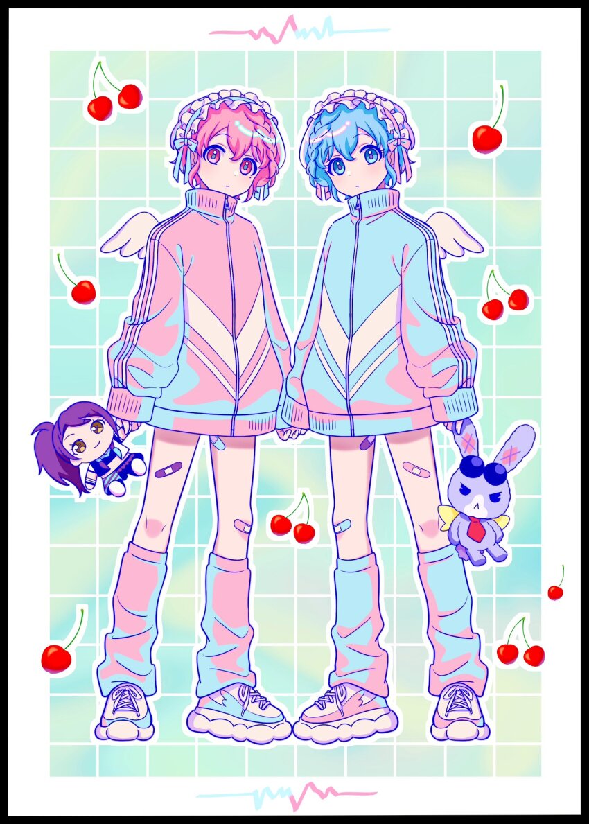 1boy 1girl alternate_costume bandaid bandaid_on_leg blue_background blue_eyes blue_hair blue_jacket border braid brother_and_sister character_doll cherry closed_mouth commentary crossdressing doll dorothy_west english_commentary food frilled_hairband frills fruit full_body hairband highres holding holding_hands holding_stuffed_toy jacket leg_warmers long_sleeves looking_at_viewer mendamen mole mole_under_eye no_pants outline pink_eyes pink_hair pink_jacket pink_ribbon pretty_series pripara reona_west ribbon shoes short_hair siblings side_braid sneakers standing stuffed_animal stuffed_rabbit stuffed_toy symmetrical_pose tenshi_kaiwai toudou_shion trap twins usagi_(pripara) white_border white_outline white_wings wings