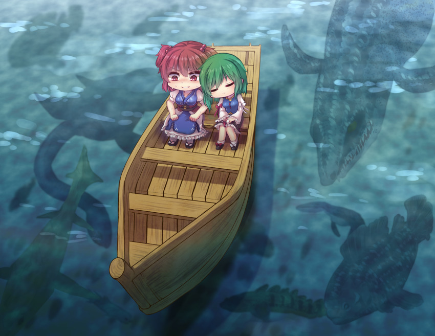2girls boat frilled_skirt frills green_hair highres leaning_on_person mosasaur mosasaurus multiple_girls onozuka_komachi plesiosaur prehistoric_animal red_eyes red_hair sanzu_river sea_monster shiki_eiki skirt sweat touhou unime_seaflower water watercraft yuri