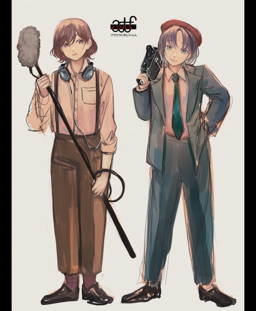 2girls alternate_costume asakura_toru beret black_jacket black_necktie black_suit blue_eyes blue_hair boom_microphone breast_pocket brown_eyes brown_hair brown_pants brown_shirt camera closed_mouth collared_shirt dress_shirt formal_clothes gradient_hair grin hand_in_pocket hat head_tilt headphones headphones_around_neck highres higuchi_madoka holding holding_camera idolmaster idolmaster_shiny_colors jacket lapels legs_apart legs_together logo looking_at_viewer microphone mole mole_under_eye movie_camera multicolored_hair multiple_girls necktie open_clothes open_jacket pants pillarboxed pocket purple_hair red_hat shirt shoes short_hair side-by-side simple_background smile standing suit suspenders traditional_media translation_request white_shirt yamaichi_(yama3ichi4)