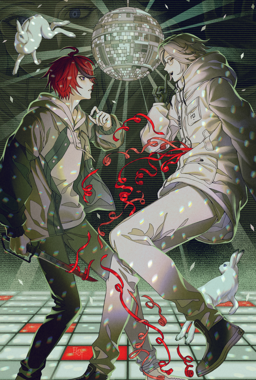 2boys 7nite absurdres ahoge animal aotsuki_eito black_gloves black_hair black_pants black_shoes blood bloody_knife blue_eyes chinese_commentary closed_eyes confetti dance_floor dancing disco_ball drawstring from_side full_body glasses gloves grey_jacket hand_up highres holding holding_knife holding_weapon hood hood_down hoodie index_finger_raised jacket knife long_sleeves looking_at_another male_focus multicolored_hair multiple_boys open_clothes open_jacket open_mouth pants pocket profile rabbit red_hair shoes short_hair smile standing streaked_hair streamers sumino_takumi teeth the_hundred_line_-last_defense_academy- two-tone_hair weapon white_hair white_hoodie white_jacket white_pants zipper