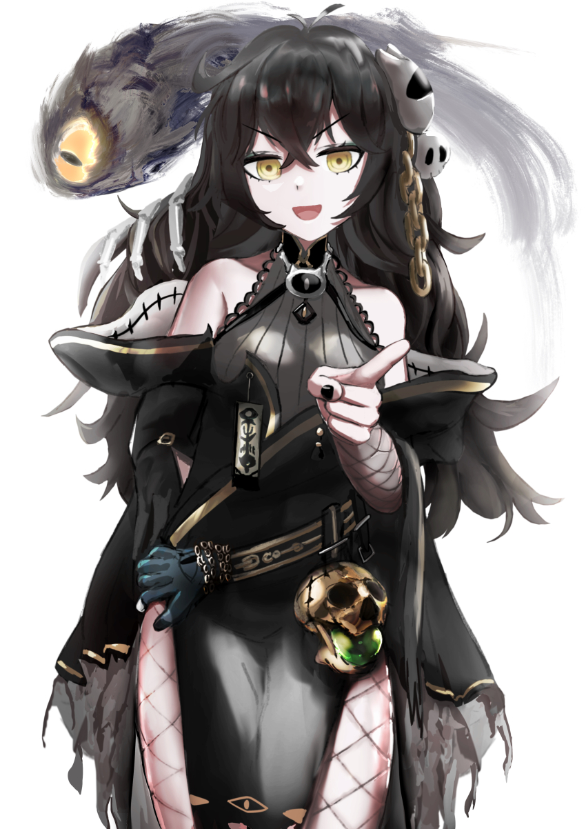 &gt;:) absurdres ahoge bare_shoulders belt black_hair black_nails bone breasts chain dimensionless88 fishnet_pantyhose fishnet_sleeves fishnets grimmi_(vtuber) hair_between_eyes hair_ornament highres indie_virtual_youtuber leotard long_hair mandarin_collar off_shoulder ofuda pale_skin pantyhose robe sidelocks skelter_(grimmivt) skull skull_hair_ornament small_breasts v-shaped_eyebrows very_long_hair virtual_youtuber yellow_eyes