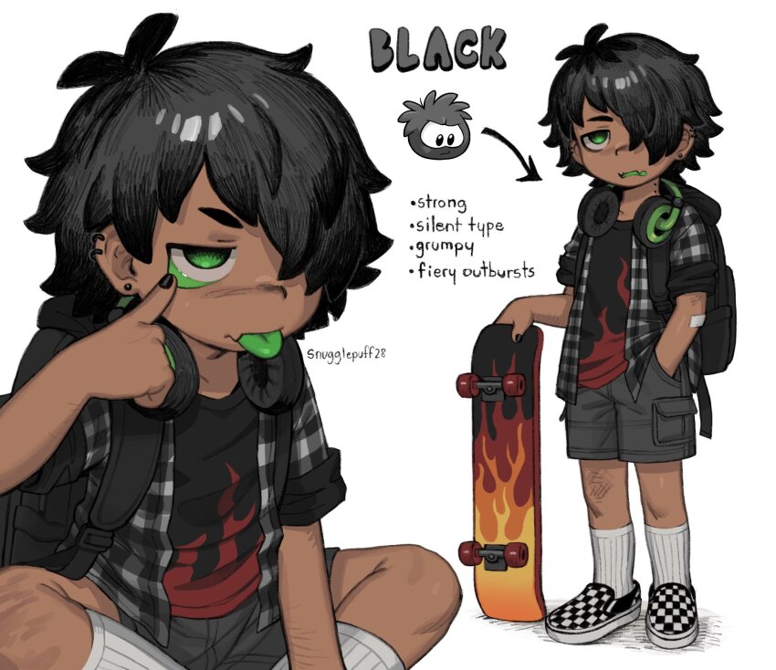 1boy black_hair black_nails club_penguin colored_tongue dark-skinned_male dark_skin ear_piercing green_tongue headphones headphones_around_neck highres mole mole_on_neck piercing puffle_(club_penguin) shoes shorts skateboard snugglepuff28